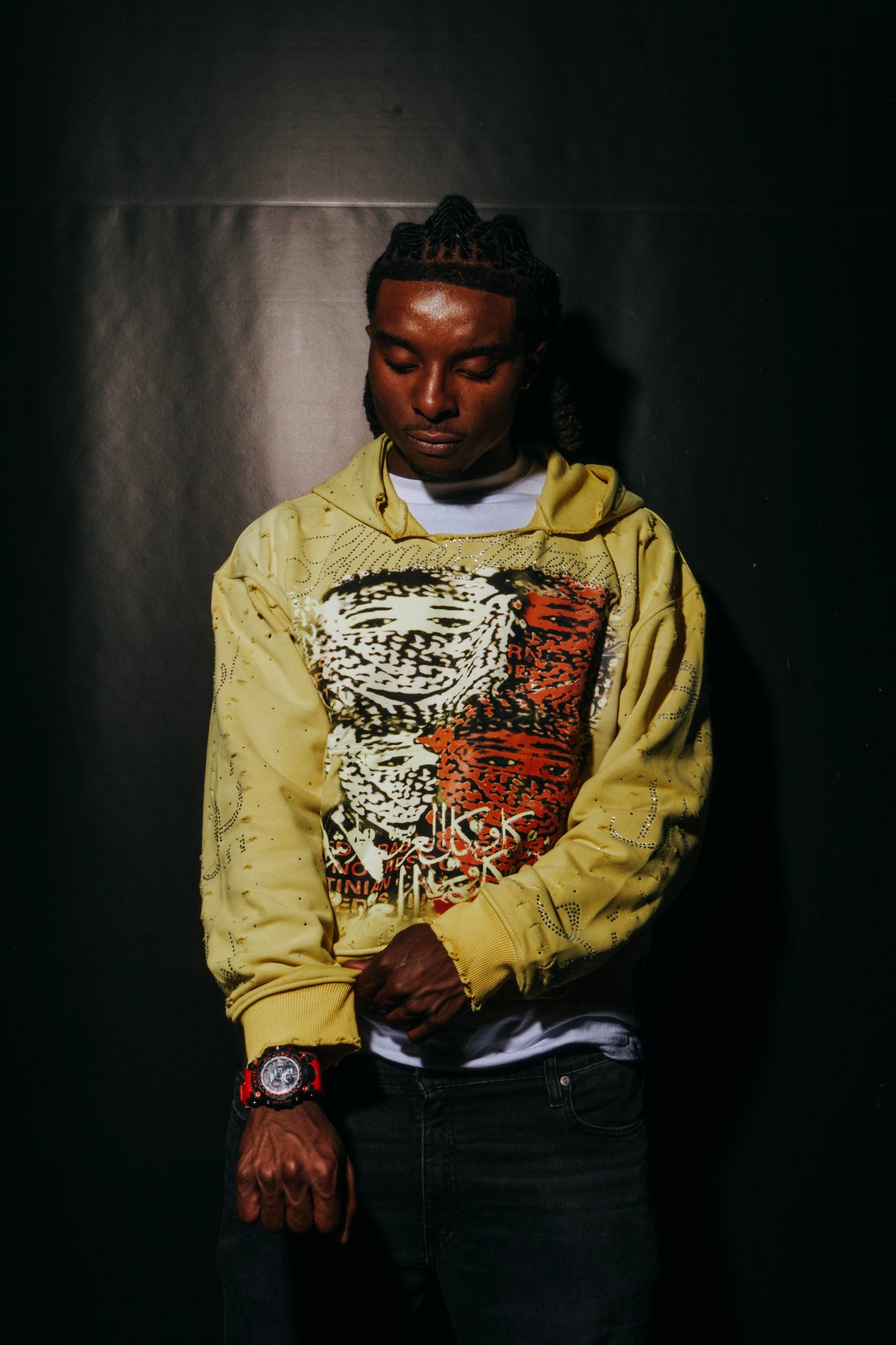 Slime signature yellow “ Glitched” neck crew hoodie